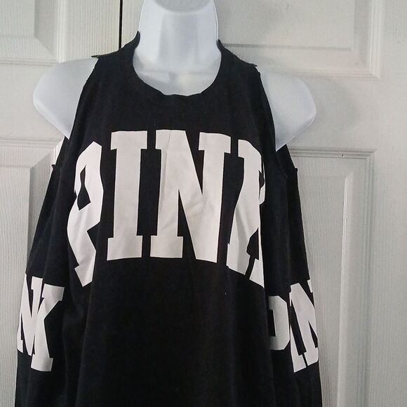 Pink Victoria's Secret black white long sleeve could shoulder t shirt Sz M - Picture 3 of 7